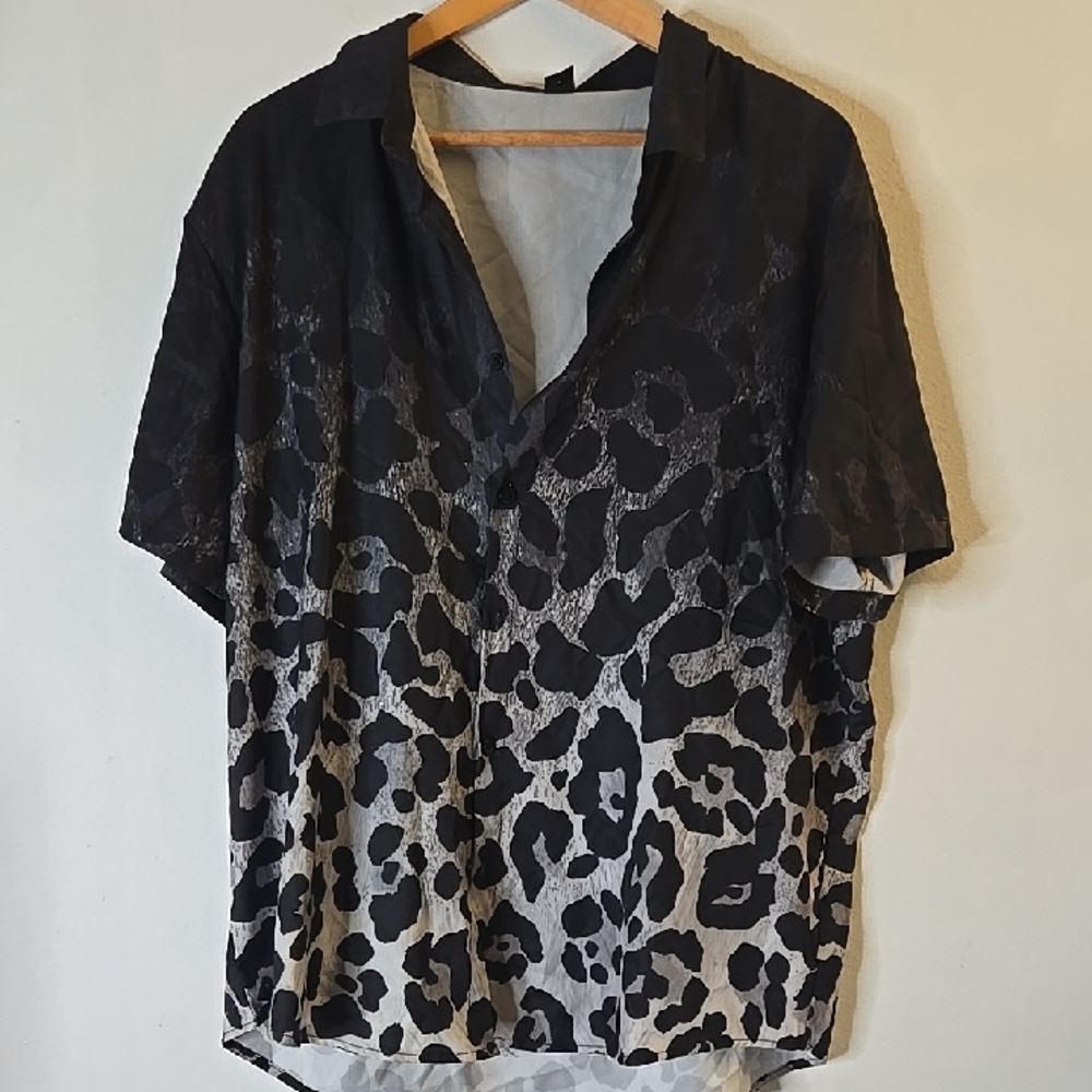 Womens Black and Gray Leopard Print Button-Front Top